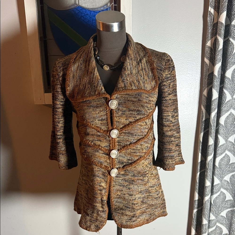 Bee wear Vintage 1970s Cropped Sleeve Oversized Collar Button Up Cardigan SZ M